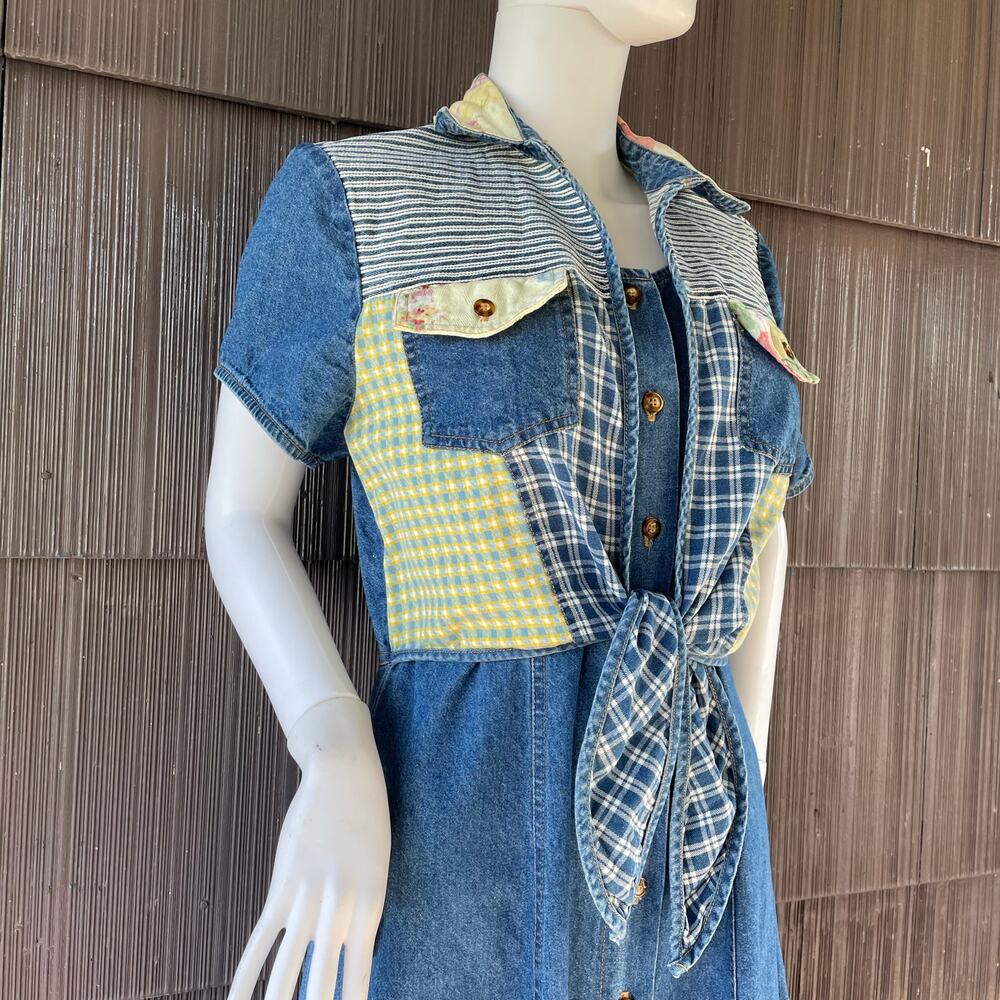 š„VTG Nina Piccalino Denim Dress Fit & Flare Button Down Patchwork Boho Cottage - Picture 4 of 14